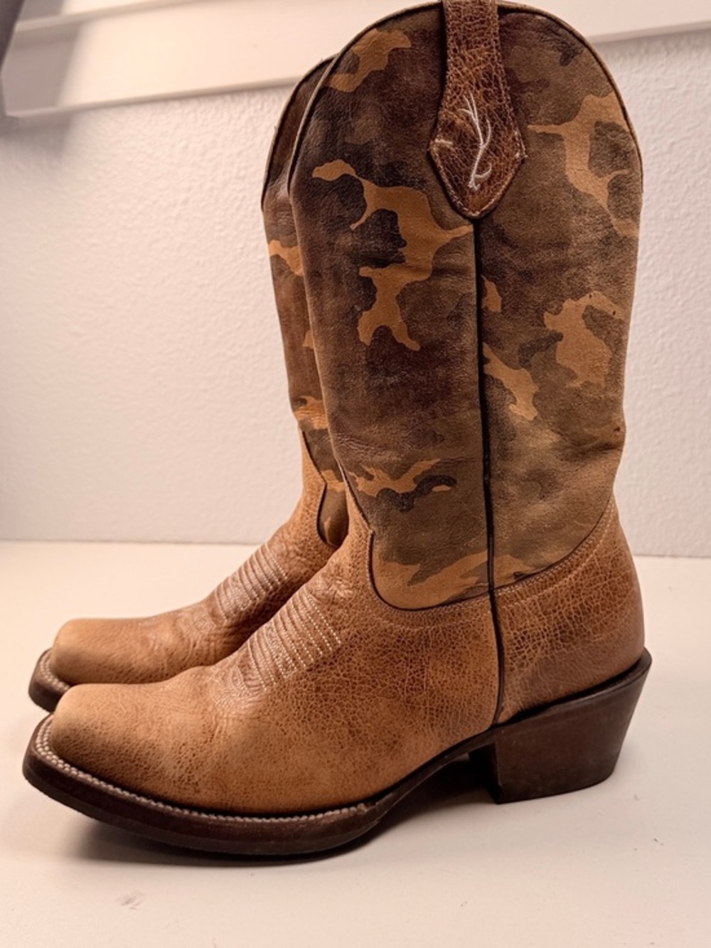 Cabelas Womens 8.5 M Camo Leather Western Cowboy Boots Square Toe Brown